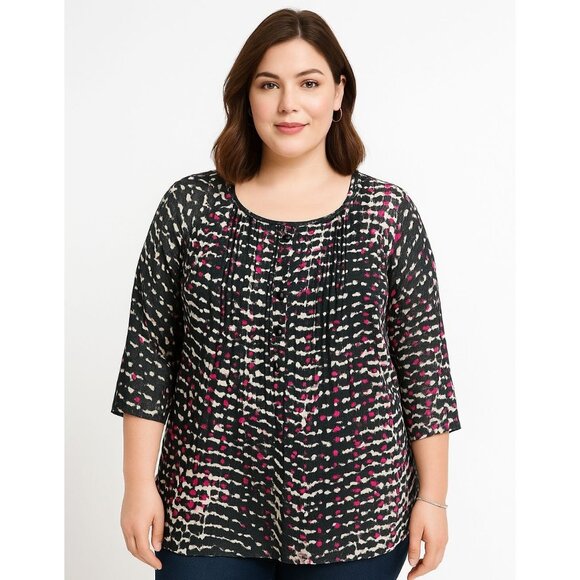 Lane Bryant Women Popover Top Semi Sheer Black Pink Print Pintuck Pleat Sz 18/20 - Picture 1 of 10